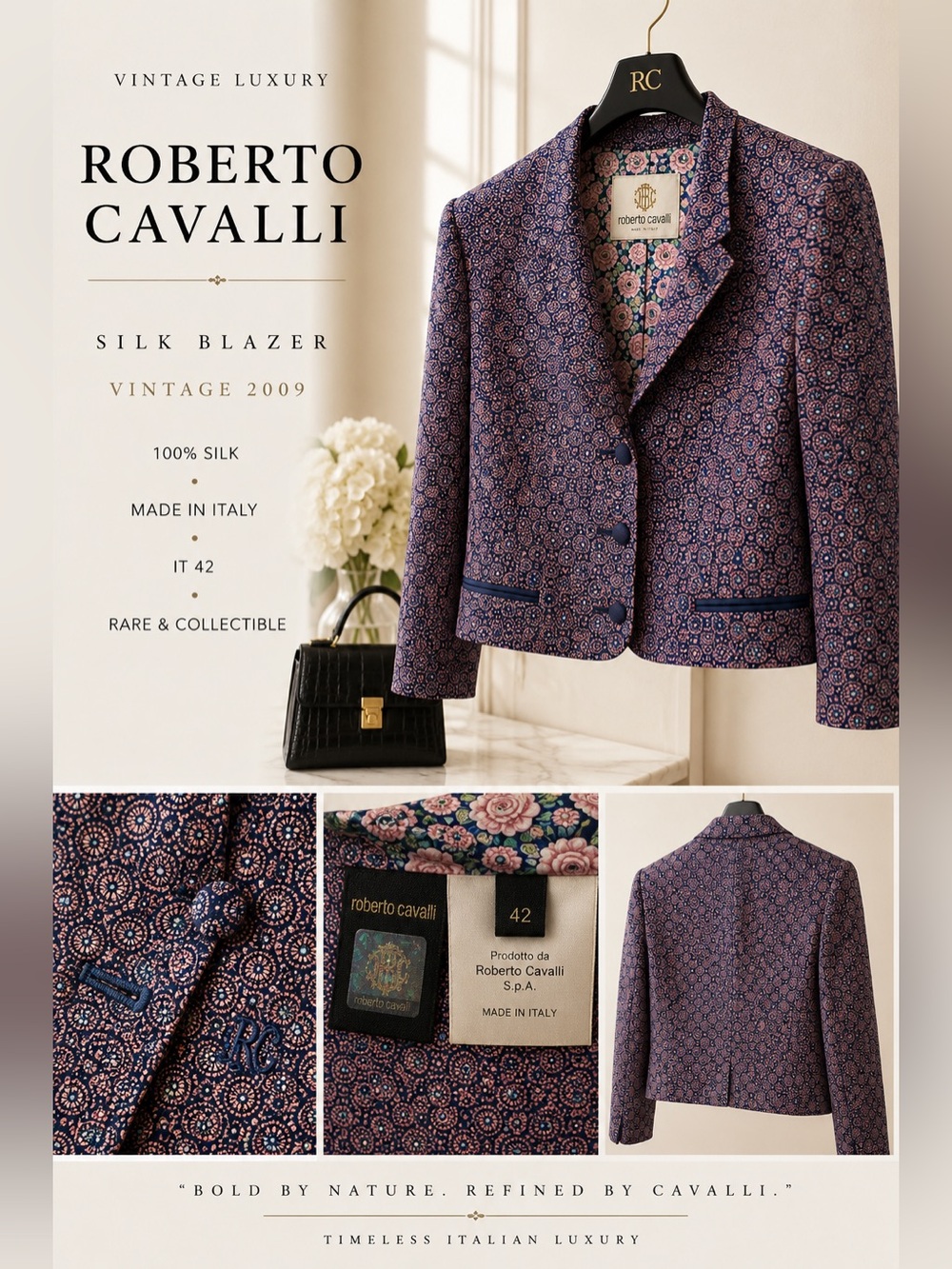 ✨ Vintage 2009 Roberto Cavalli 100% Silk Floral Blazer | Made in Italy